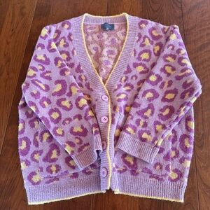 Hudson Gray Wool Blend Purple Cardigan with Yellow Leopard Print